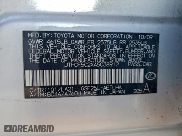 ✅ 2010 Lexus IS 250 • VIN: JTHCF5C2XA5038912 • Lot: 93369605. Wystawiony na Copart z przebiegiem 198 478 mil. Bezpłatny archiwum sprzedaży aukcyjnych z USA i szczegółowy raport historii pojazdu na DreamBid. Zdjęcie 12.