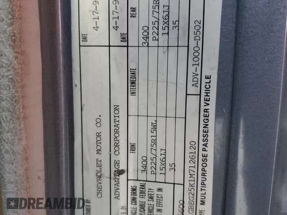 ✅ 1991 Chevrolet Sportvan • VIN: 1GBEG25K1M7126120 • Лот: 86338185. Опубликован ранее на Copart с пробегом 255 060 миль. Бесплатный доступ к архиву аукционных продаж из США и подробный отчёт об истории автомобиля на DreamBid. Изображение 13.