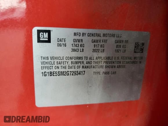 ✅ 2016 Chevrolet Cruze LT • VIN: 1G1BE5SM2G7293417 • Lot: 61545673. Listed on Copart with Not provided. Free auction sales archive from the USA and detailed vehicle history report at DreamBid. Image 13.