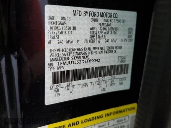 ✅ 2013 Ford Expedition XLT • VIN: 1FMJU1J52DEF69042 • Lot: 80460785. Listed on Copart with 156,837 mi. Free auction sales archive from the USA and detailed vehicle history report at DreamBid. Image 13.