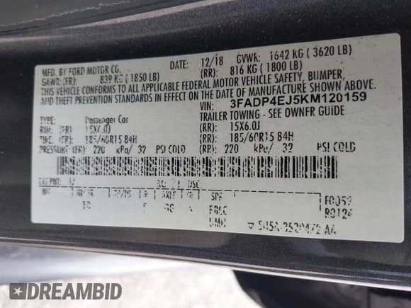 ✅ 2019 Ford Fiesta SE • VIN: 3FADP4EJ5KM120159 • Lot: 41595484. Listed on IAAI with 81,040 mi. Free auction sales archive from the USA and detailed vehicle history report at DreamBid. Image 9.