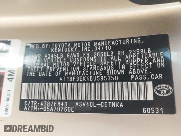 ✅ 2011 Toyota Camry LE • VIN: 4T1BF3EK4BU595350 • Лот: 43695181. Опубликован ранее на IAAI с пробегом 86 954 миль. Бесплатный доступ к архиву аукционных продаж из США и подробный отчёт об истории автомобиля на DreamBid. Изображение 9.