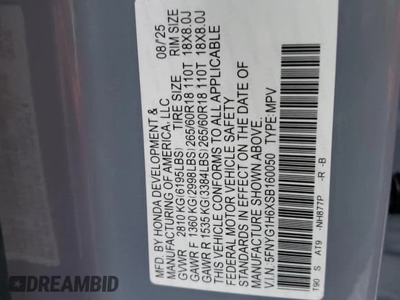 ✅ 2025 Honda Pilot TrailSport • VIN: 5FNYG1H6XSB160050 • Лот: 90994185. Опубликован ранее на Copart с пробегом 1 521 миль. Бесплатный доступ к архиву аукционных продаж из США и подробный отчёт об истории автомобиля на DreamBid. Изображение 14.