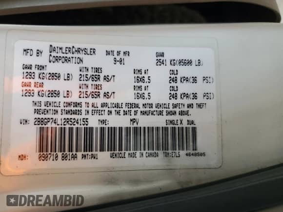 2002 Dodge Caravan EX z VIN 2B8GP74L12R524155, wystawiony jako Copart lot #53337095 z przebiegiem 163 825 mil mil oraz Czysty tytuł • Clean title. Historia ofert i sprzedaży dostępna na DreamBid. Obrazek 13.