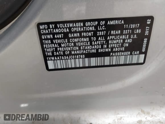 ✅ 2018 Volkswagen Passat S • VIN: 1VWAA7A34JC016783 • Lot: 42528095. Listed on IAAI with 158,161 mi. Free auction sales archive from the USA and detailed vehicle history report at DreamBid. Image 9.