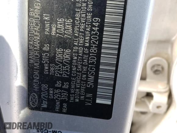 ✅ 2008 Hyundai Santa Fe GLS • VIN: 5NMSG13D18H203449 • Lot: 83313274. Listed on Copart with 197,395 mi. Free auction sales archive from the USA and detailed vehicle history report at DreamBid. Image 13.