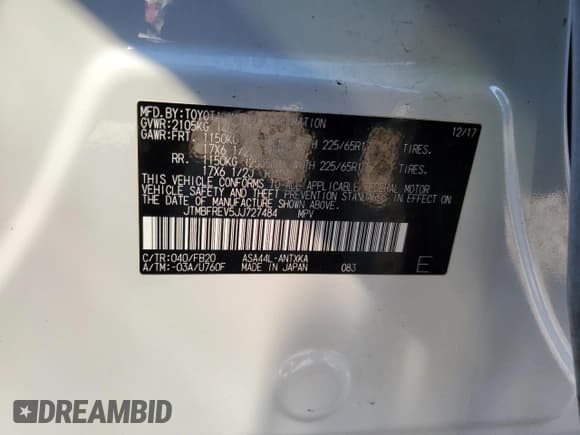 ✅ 2018 Toyota RAV4 LE • VIN: JTMBFREV5JJ727484 • Lot: 92727435. Listed on Copart with 106,604 mi. Free auction sales archive from the USA and detailed vehicle history report at DreamBid. Image 13.