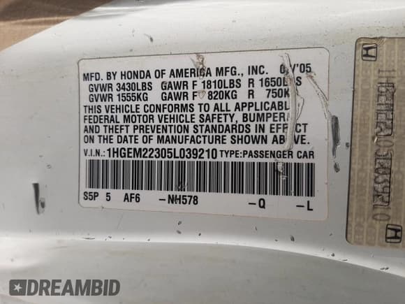 ✅ 2005 Honda Civic VP SSRS • VIN: 1HGEM22305L039210 • Lot: 53686915. Wystawiony na Copart z przebiegiem 165 252 mil. Bezpłatny archiwum sprzedaży aukcyjnych z USA i szczegółowy raport historii pojazdu na DreamBid. Zdjęcie 12.