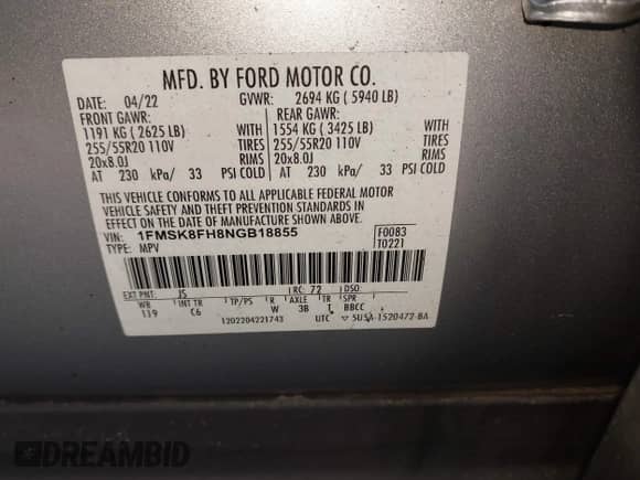 2022 Ford Explorer Limited z VIN 1FMSK8FH8NGB18855, wystawiony jako IAAI lot #42858102 z przebiegiem Nie podano mil oraz . Historia ofert i sprzedaży dostępna na DreamBid. Obrazek 9.