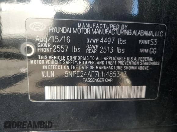 2017 Hyundai Sonata SE with VIN 5NPE24AF7HH485343, listed as a Copart auction lot 71389075 with 106,164 mi miles and Salvage title. Bid and sale history available at DreamBid. Image 12.