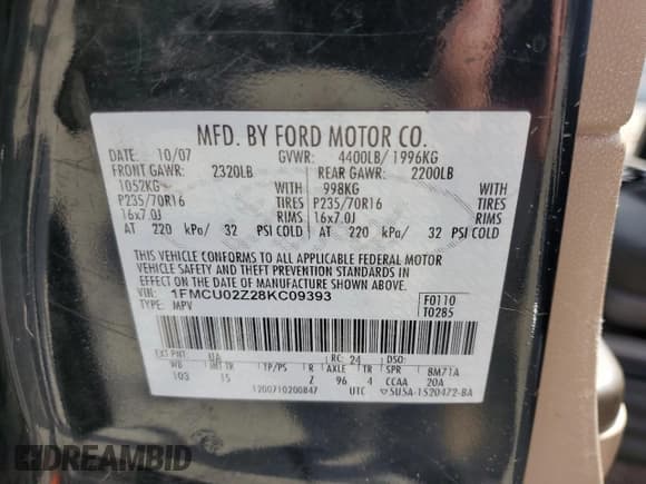 ✅ 2008 Ford Escape XLS • VIN: 1FMCU02Z28KC09393 • Lot: 91530535. Listed on Copart with 225,315 mi. Free auction sales archive from the USA and detailed vehicle history report at DreamBid. Image 14.