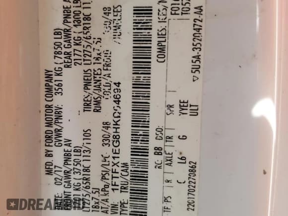 ✅ 2017 Ford F-150 XL • VIN: 1FTFX1EG8HKD04694 • Lot: 60761525. Listed on Copart with 218,801 mi. Free auction sales archive from the USA and detailed vehicle history report at DreamBid. Image 12.