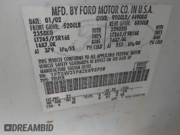 ✅ 2002 Ford F-350 XL • VIN: 1FTSW31F62EB93708 • Lot: 43071479. Wystawiony na IAAI z przebiegiem 313 824 mil. Bezpłatny archiwum sprzedaży aukcyjnych z USA i szczegółowy raport historii pojazdu na DreamBid. Zdjęcie 9.