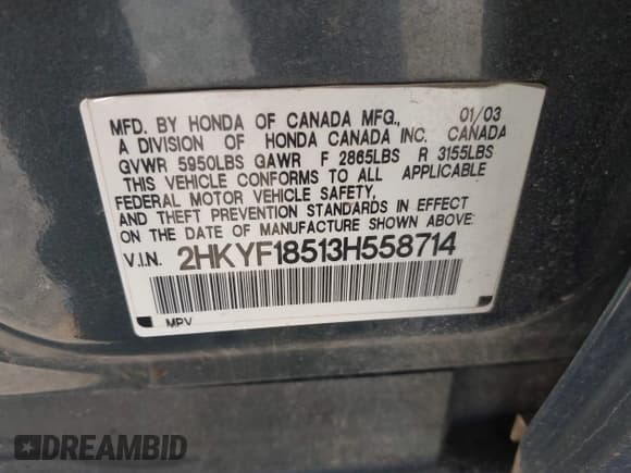 ✅ 2003 Honda Pilot EX • VIN: 2HKYF18513H558714 • Lot: 43508790. Listed on IAAI with Not provided. Free auction sales archive from the USA and detailed vehicle history report at DreamBid. Image 9.