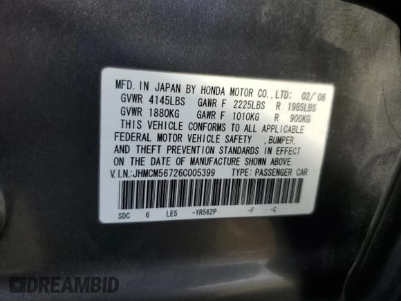 ✅ 2006 Honda Accord EX • VIN: JHMCM56726C005399 • Lot: 91930235. Listed on Copart with 155,577 mi. Free auction sales archive from the USA and detailed vehicle history report at DreamBid. Image 13.