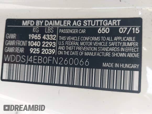 2015 Mercedes-Benz CLA 250 with VIN WDDSJ4EB0FN260066, listed as a IAAI auction lot 42759443 with 107,904 mi miles and . Bid and sale history available at DreamBid. Image 9.