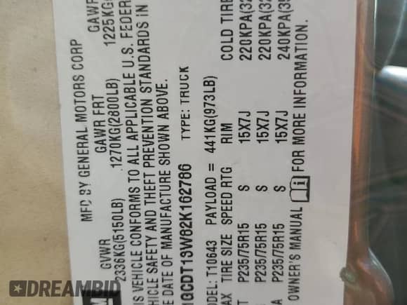 2002 Chevrolet S-10 LS с VIN 1GCDT13W82K162786, выставлен на аукционе Copart как лот 68376725 с пробегом Не указан миль и Списание • Salvage title. История ставок и продаж доступна на DreamBid. Изображение 12.