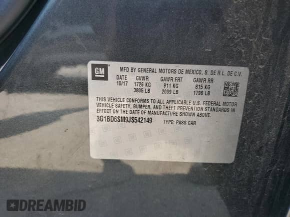 2018 Chevrolet Cruze LT with VIN 3G1BD6SM9JS542149, listed as a Copart auction lot 64255884 with 117,300 mi miles and Salvage title. Bid and sale history available at DreamBid. Image 12.