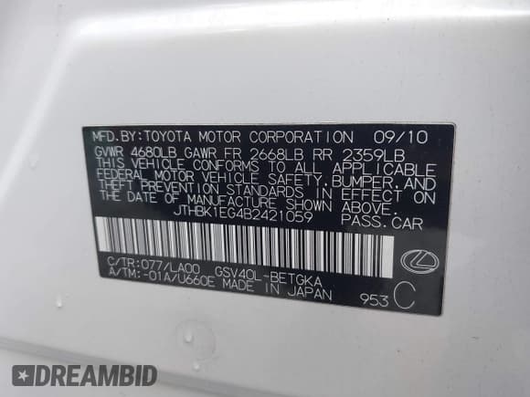 ✅ 2011 Lexus ES 330 • VIN: JTHBK1EG4B2421059 • Lot: 43687250. Listed on IAAI with 103,905 mi. Free auction sales archive from the USA and detailed vehicle history report at DreamBid. Image 9.