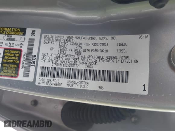 ✅ 2016 Toyota Tundra SR5 • VIN: 5TFRY5F1XGX205372 • Лот: 43752528. Опубликован ранее на IAAI с пробегом 231 764 миль. Бесплатный доступ к архиву аукционных продаж из США и подробный отчёт об истории автомобиля на DreamBid. Изображение 9.