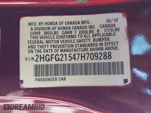 ✅ 2007 Honda Civic Si • VIN: 2HGFG21547H709288 • Lot: 43497780. Wystawiony na IAAI z przebiegiem 184 092 mil. Bezpłatny archiwum sprzedaży aukcyjnych z USA i szczegółowy raport historii pojazdu na DreamBid. Zdjęcie 9.