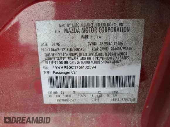 ✅ 2007 Mazda 6 i Touring • VIN: 1YVHP80C175M32594 • Lot: 90306955. Listed on Copart with 168,055 mi. Free auction sales archive from the USA and detailed vehicle history report at DreamBid. Image 12.