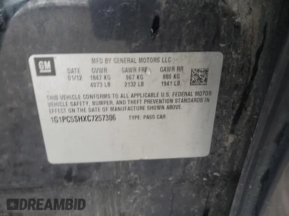 ✅ 2012 Chevrolet Cruze LS • VIN: 1G1PC5SHXC7257306 • Lot: 85711255. Listed on Copart with 223,443 mi. Free auction sales archive from the USA and detailed vehicle history report at DreamBid. Image 12.