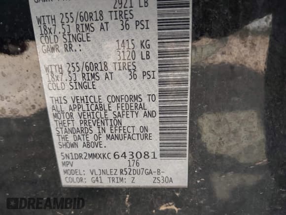 ✅ 2019 Nissan Pathfinder SV • VIN: 5N1DR2MMXKC643081 • Lot: 43200122. Listed on IAAI with 171,492 mi. Free auction sales archive from the USA and detailed vehicle history report at DreamBid. Image 9.