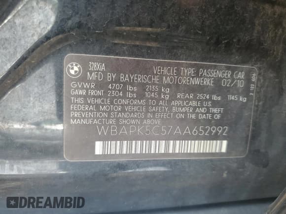 ✅ 2010 BMW 3 Series 328i xDrive • VIN: WBAPK5C57AA652992 • Lot: 58796955. Listed on Copart with Not provided. Free auction sales archive from the USA and detailed vehicle history report at DreamBid. Image 12.