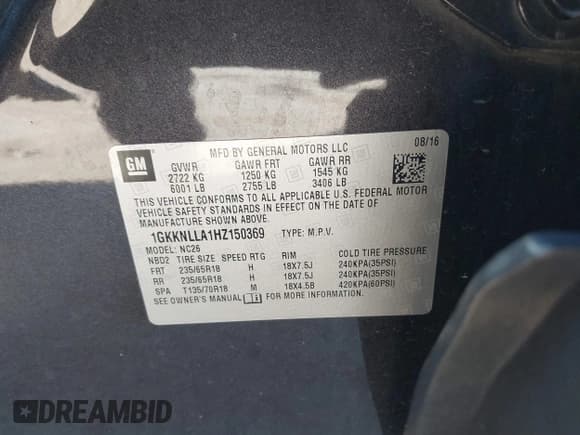 ✅ 2017 GMC Acadia SLE • VIN: 1GKKNLLA1HZ150369 • Lot: 43464973. Listed on IAAI with 62,023 mi. Free auction sales archive from the USA and detailed vehicle history report at DreamBid. Image 9.