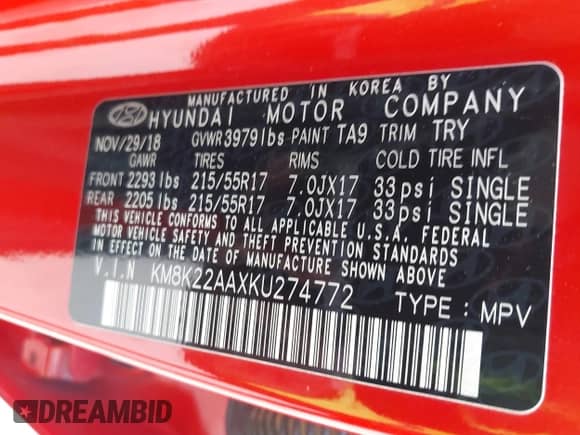 2019 Hyundai Kona SEL with VIN KM8K22AAXKU274772, listed as a IAAI auction lot 43314483 with 93,992 mi miles and . Bid and sale history available at DreamBid. Image 9.