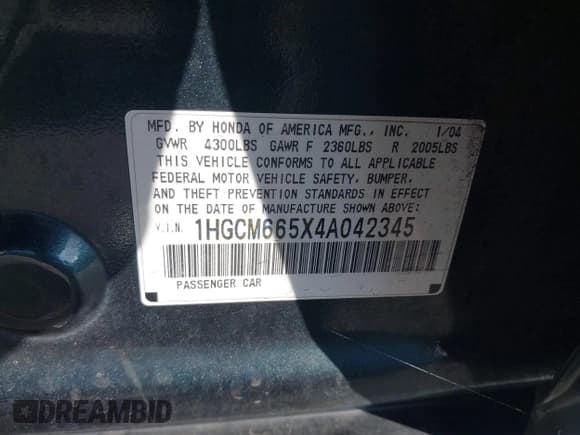 ✅ 2004 Honda Accord EX • VIN: 1HGCM665X4A042345 • Lot: 43514035. Listed on IAAI with 182,952 mi. Free auction sales archive from the USA and detailed vehicle history report at DreamBid. Image 9.