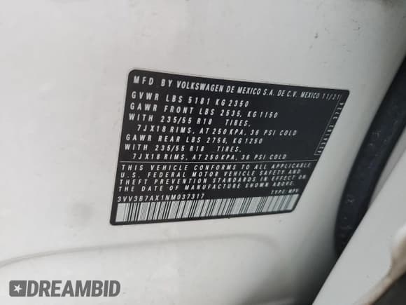 ✅ 2022 Volkswagen Tiguan SE • VIN: 3VV3B7AX1NM037317 • Lot: 92704905. Wystawiony na Copart z przebiegiem 59 258 mil. Bezpłatny archiwum sprzedaży aukcyjnych z USA i szczegółowy raport historii pojazdu na DreamBid. Zdjęcie 14.