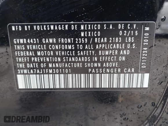 ✅ 2015 Volkswagen Jetta S • VIN: 3VWLA7AJ1FM301101 • Lot: 43605896. Listed on IAAI with 126,524 mi. Free auction sales archive from the USA and detailed vehicle history report at DreamBid. Image 9.