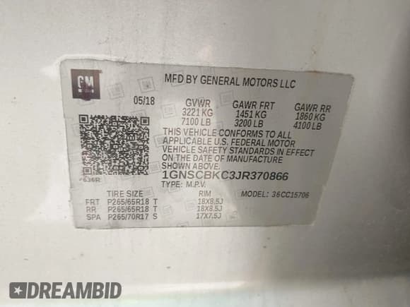 ✅ 2018 Chevrolet Tahoe LT • VIN: 1GNSCBKC3JR370866 • Lot: 42673752. Listed on IAAI with 112,890 mi. Free auction sales archive from the USA and detailed vehicle history report at DreamBid. Image 9.