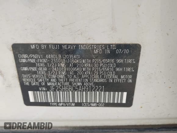 ✅ 2010 Subaru Forester X • VIN: JF2SH6BC5AH912221 • Лот: 43579574. Опубликован ранее на IAAI с пробегом 242 727 миль. Бесплатный доступ к архиву аукционных продаж из США и подробный отчёт об истории автомобиля на DreamBid. Изображение 9.