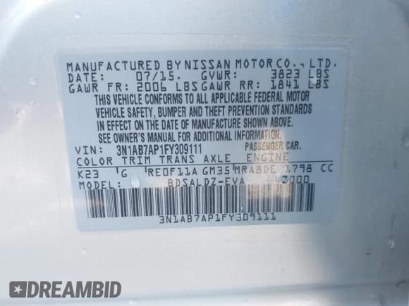 ✅ 2015 Nissan Sentra S • VIN: 3N1AB7AP1FY309111 • Lot: 43401509. Listed on IAAI with 138,982 mi. Free auction sales archive from the USA and detailed vehicle history report at DreamBid. Image 9.