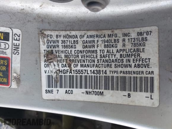 ✅ 2007 Honda Civic LX • VIN: 1HGFA15557L143814 • Лот: 43366122. Опубликован ранее на IAAI с пробегом 221 700 миль. Бесплатный доступ к архиву аукционных продаж из США и подробный отчёт об истории автомобиля на DreamBid. Изображение 9.