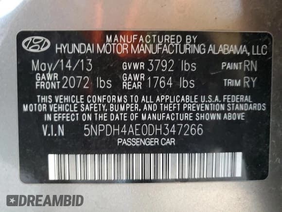 ✅ 2013 Hyundai Elantra GLS • VIN: 5NPDH4AE0DH347266 • Lot: 90501045. Listed on Copart with 201,588 mi. Free auction sales archive from the USA and detailed vehicle history report at DreamBid. Image 12.