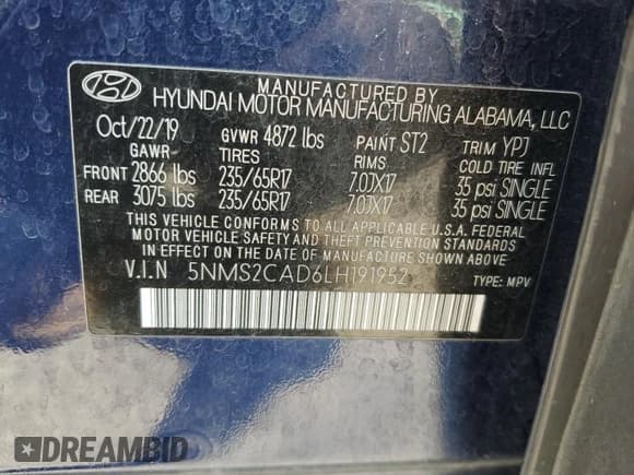 ✅ 2020 Hyundai Santa Fe SE • VIN: 5NMS2CAD6LH191952 • Lot: 70440855. Wystawiony na Copart z przebiegiem 52 418 mil. Bezpłatny archiwum sprzedaży aukcyjnych z USA i szczegółowy raport historii pojazdu na DreamBid. Zdjęcie 14.