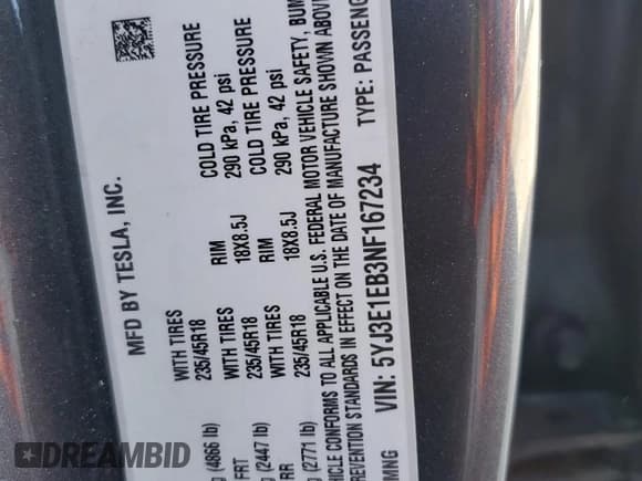 ✅ 2022 Tesla Model 3 Long Range • VIN: 5YJ3E1EB3NF167234 • Lot: 66498275. Wystawiony na Copart z przebiegiem 87 481 mil. Bezpłatny archiwum sprzedaży aukcyjnych z USA i szczegółowy raport historii pojazdu na DreamBid. Zdjęcie 12.