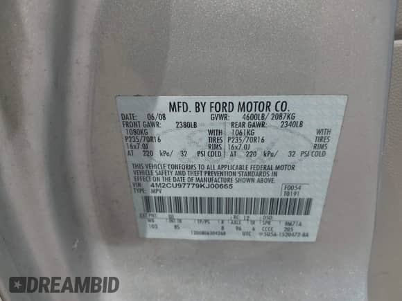 2009 Mercury Mariner Premier with VIN 4M2CU97779KJ00665, listed as a IAAI auction lot 42698060 with 162,205 mi miles and . Bid and sale history available at DreamBid. Image 9.