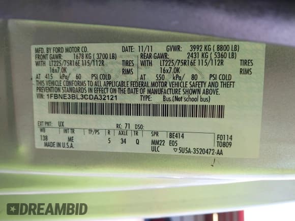 ✅ 2012 Ford Econoline Passenger XL • VIN: 1FBNE3BL3CDA32121 • Lot: 41799112. Wystawiony na IAAI z przebiegiem 173 711 mil. Bezpłatny archiwum sprzedaży aukcyjnych z USA i szczegółowy raport historii pojazdu na DreamBid. Zdjęcie 9.