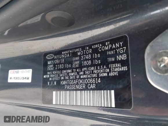 2019 Hyundai Veloster Premium with VIN KMHTG6AF0KU006614, listed as a IAAI auction lot 41329224 with 65,841 mi miles and . Bid and sale history available at DreamBid. Image 9.