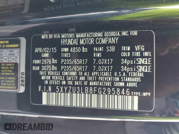 2015 Hyundai Santa Fe с VIN 5XYZU3LB8FG295846, выставлен на аукционе IAAI как лот 43174087 с пробегом 105 223 миль миль и . История ставок и продаж доступна на DreamBid. Изображение 9.