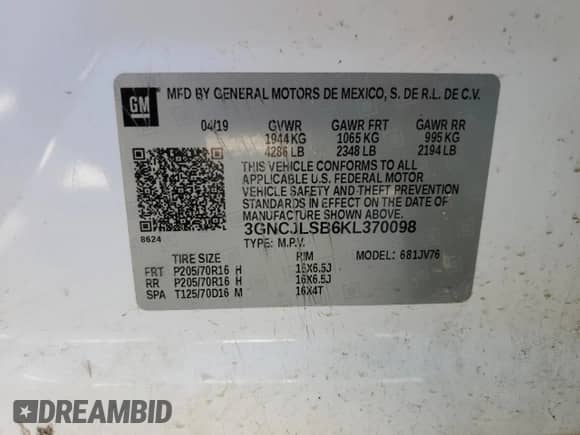 2019 Chevrolet Trax LT with VIN 3GNCJLSB6KL370098, listed as a Copart auction lot 80693355 with 96,707 mi miles and Salvage title. Bid and sale history available at DreamBid. Image 13.