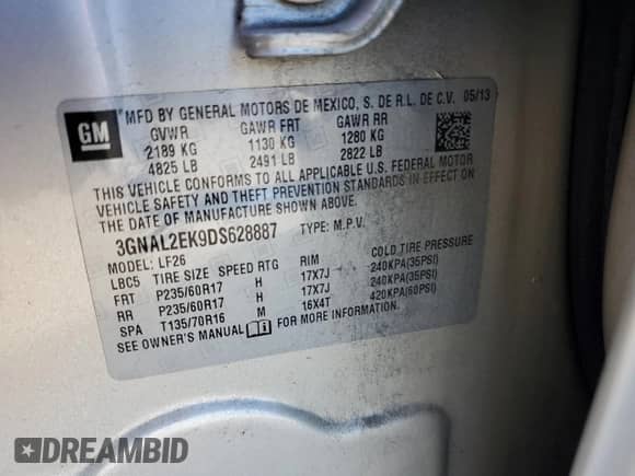 2013 Chevrolet Captiva Sport LS with VIN 3GNAL2EK9DS628887, listed as a Copart auction lot 81775384 with 90,368 mi miles and Salvage title. Bid and sale history available at DreamBid. Image 13.