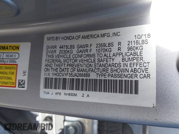 2018 Honda Accord Sport z VIN 1HGCV1F35JA266889, wystawiony jako IAAI lot #43383338 z przebiegiem 64 603 mil mil oraz . Historia ofert i sprzedaży dostępna na DreamBid. Obrazek 9.
