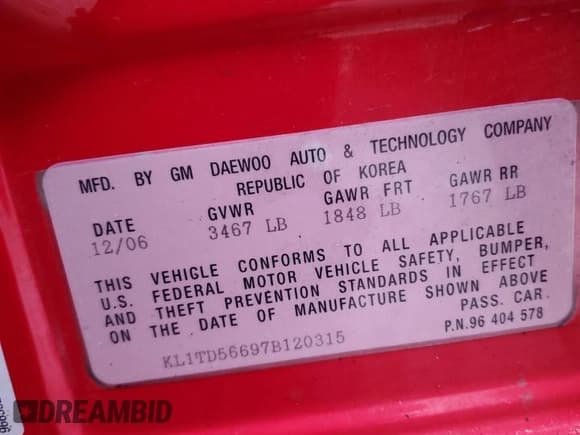 ✅ 2007 Chevrolet Aveo LS • VIN: KL1TD56697B120315 • Lot: 42821375. Wystawiony na Copart z przebiegiem 161 755 mil. Bezpłatny archiwum sprzedaży aukcyjnych z USA i szczegółowy raport historii pojazdu na DreamBid. Zdjęcie 12.