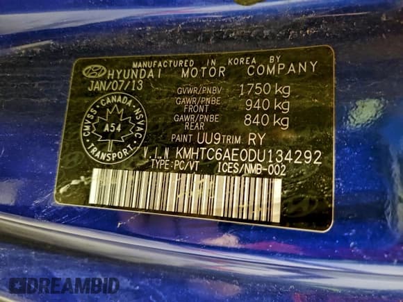 ✅ 2013 Hyundai Veloster Turbo • VIN: KMHTC6AE0DU134292 • Lot: 96669115. Listed on Copart with 166,449 mi. Free auction sales archive from the USA and detailed vehicle history report at DreamBid. Image 13.